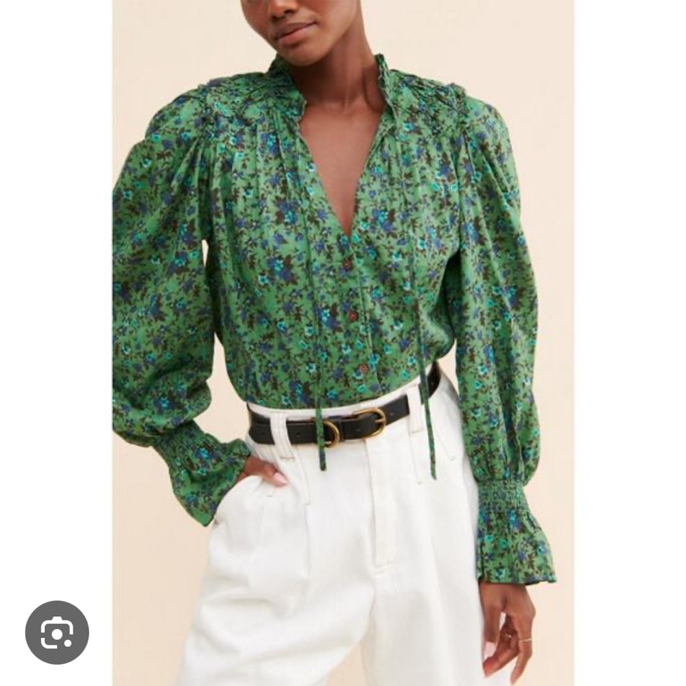 Free People Meant To Be Floral Cotton Blouse in Aqua Combo. Size Medium